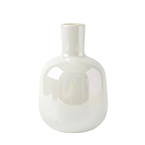 Mini bud vase features a sleek bottle shape and a rainbow lustre glass finish that catches the light beautifully.