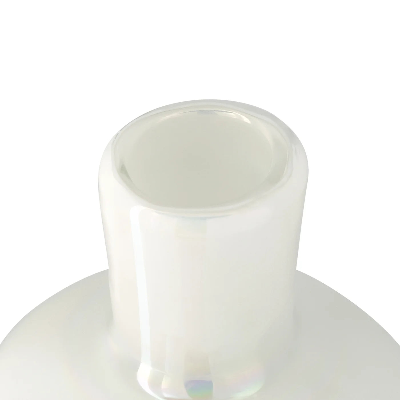 Close-up of the opening of a mini bud vase features a sleek bottle shape and a rainbow lustre glass finish that catches the light beautifully.