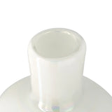 Close-up of the opening of a mini bud vase features a sleek bottle shape and a rainbow lustre glass finish that catches the light beautifully.