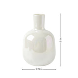 Mini bud vase features a sleek bottle shape and a rainbow lustre glass finish that catches the light beautifully with dimensions of 3.75 inches in diameter at the base, and 5 inches tall. 