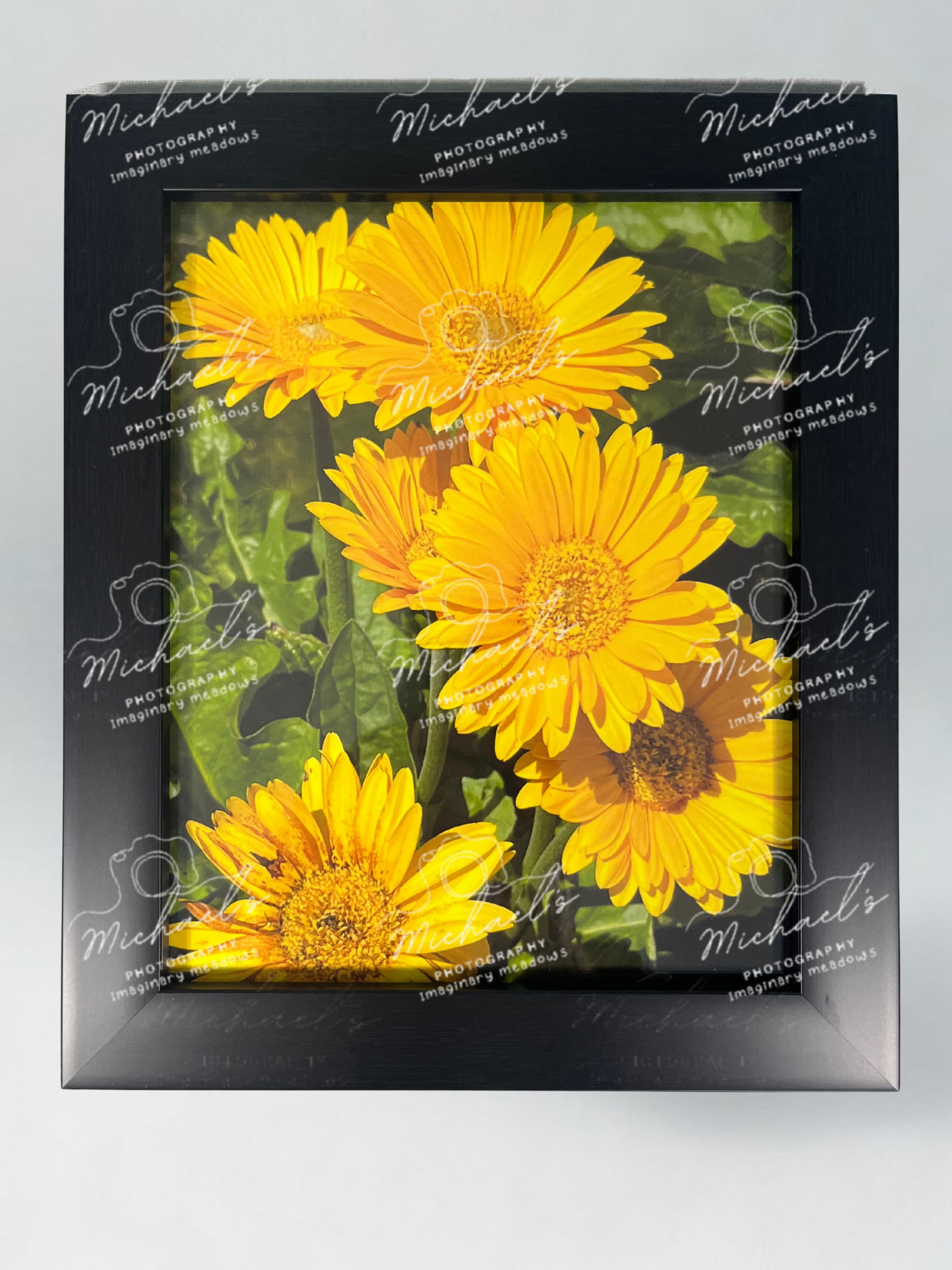 Black matte framed picture of yellow flowers with 'Michaels' branding on a gray background