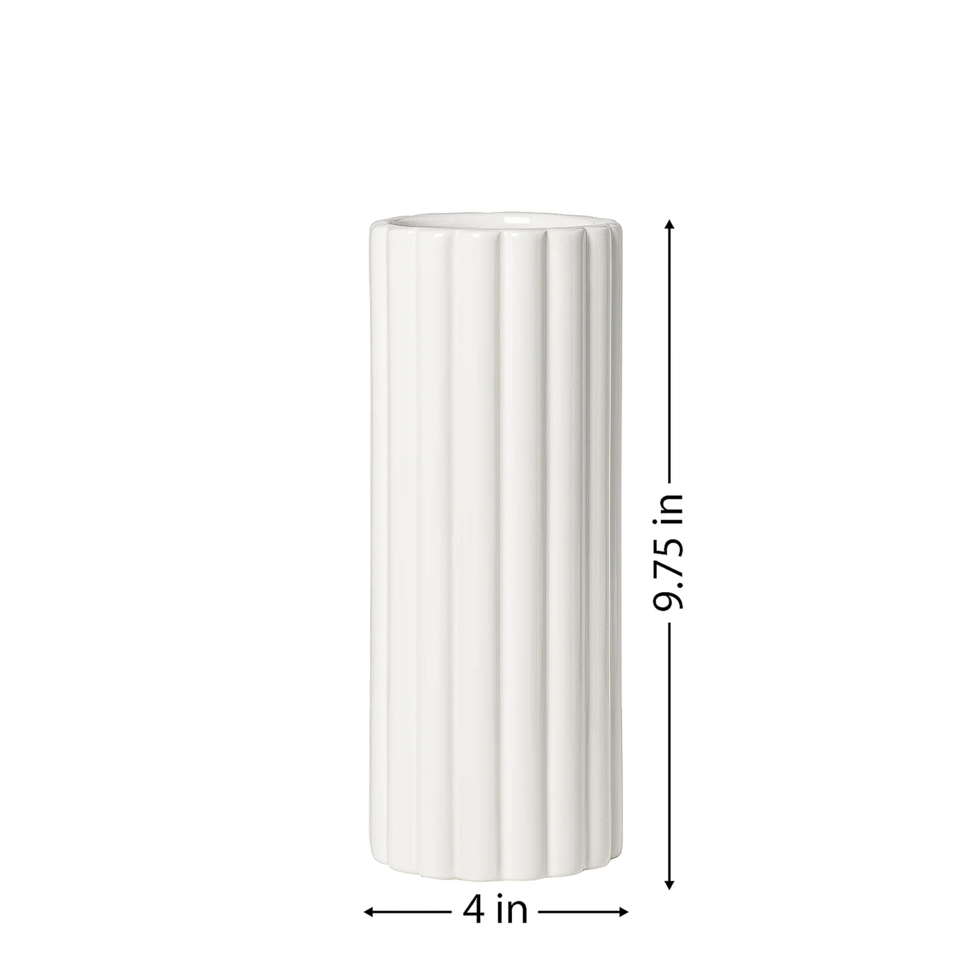 A tall cylindrical vase, whose silhouette is softened by delicate vertical ribbing, creating subtle movement as light shifts across its glossy white surface with it's dimensions of 4 inches in diameter and 9.75 inches tall.