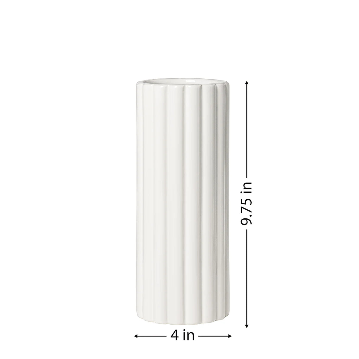 A tall cylindrical vase, whose silhouette is softened by delicate vertical ribbing, creating subtle movement as light shifts across its glossy white surface with it's dimensions of 4 inches in diameter and 9.75 inches tall.