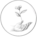 Illustration of a hand holding a heart shaped flower with a circular border