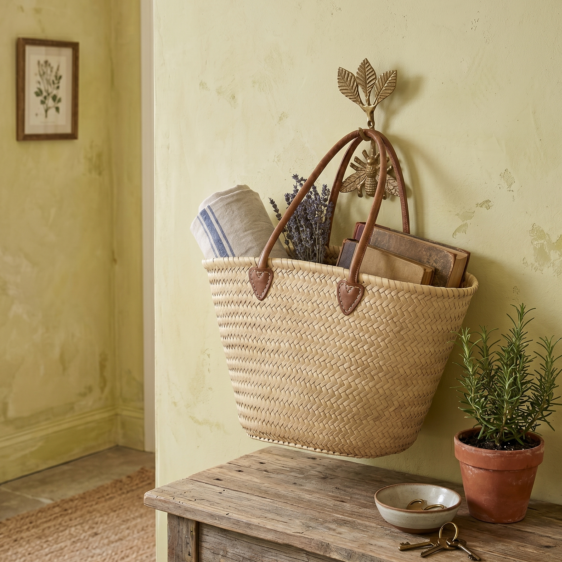 Woven basket with handles on a wooden bench against a light yellow wall.