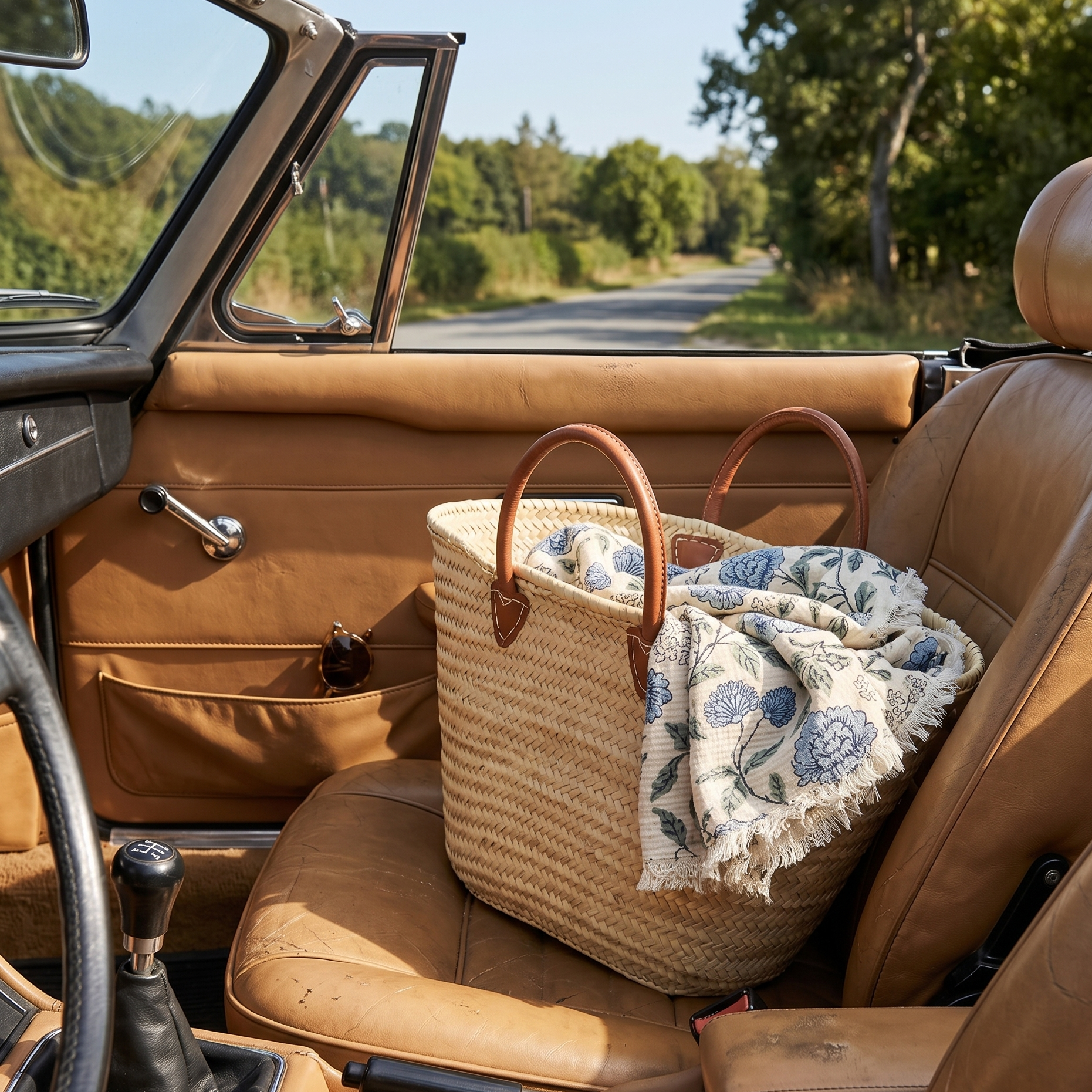 Woven basket with a floral blanket on a car seat with a scenic road in the background