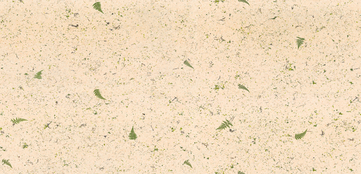 Beige textured surface with scattered small green leaf and fern-like inclusions, shown as a close-up material/pattern sample.