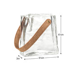 Clear glass vase shaped like a paper bag with faux leather with dimensions 6.5 inches tall, 6.25 inches wide, and 3 inches deep.