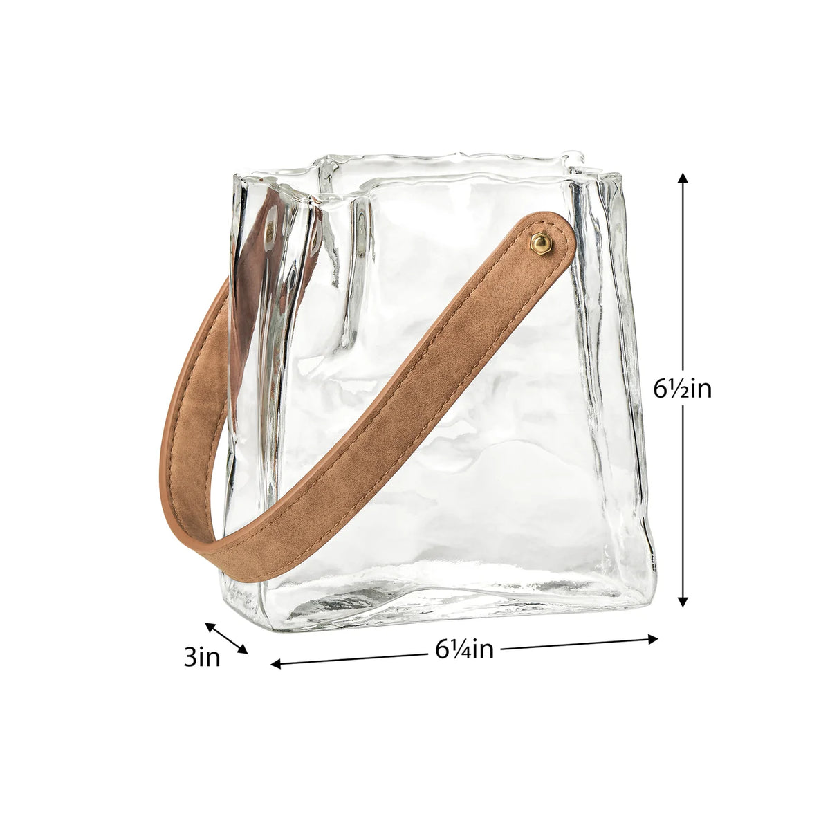 Clear glass vase shaped like a paper bag with faux leather with dimensions 6.5 inches tall, 6.25 inches wide, and 3 inches deep.
