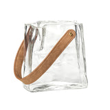 6.5 Inch tall clear glass vase shaped like a paper bag with faux leather. 