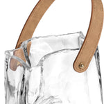 Close-up of the opening of a 6.5 Inch tall clear glass vase shaped like a paper bag with faux leather. 