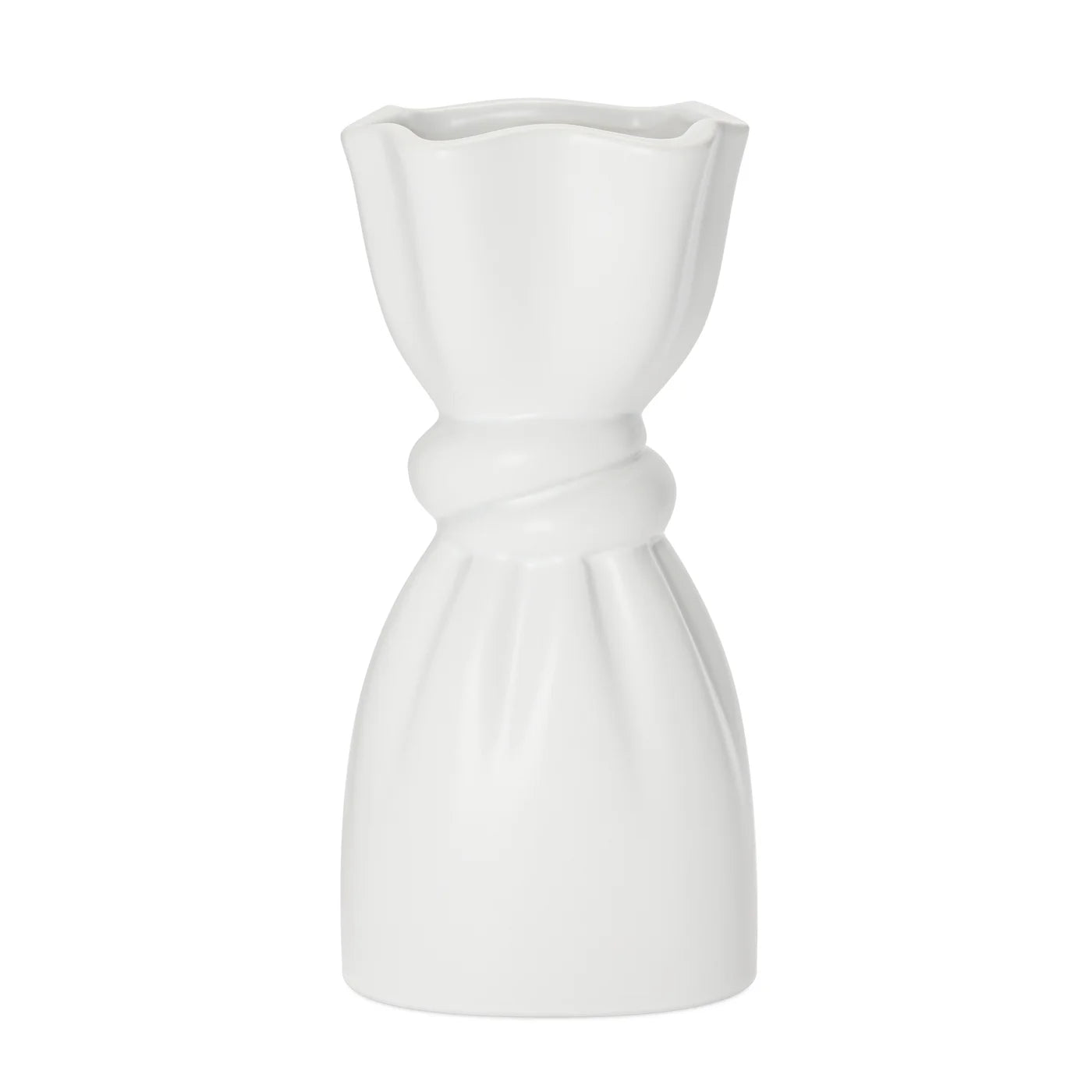 White ceramic vase with a delicate cinch midway that creates a graceful twist on a white background.