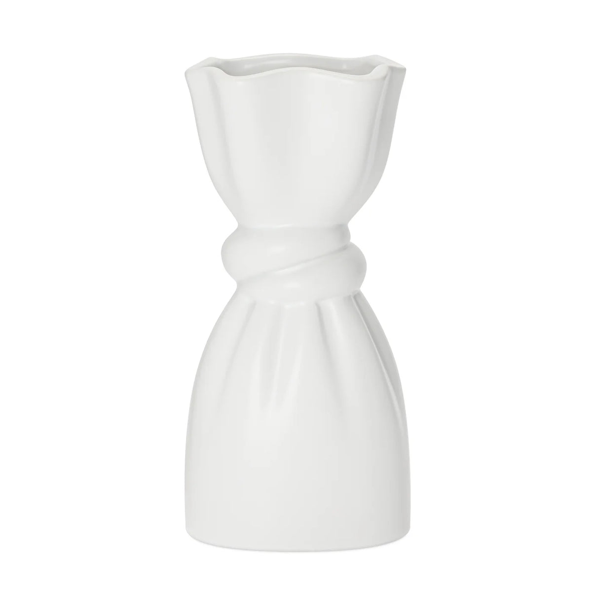 White ceramic vase with a delicate cinch midway that creates a graceful twist on a white background.