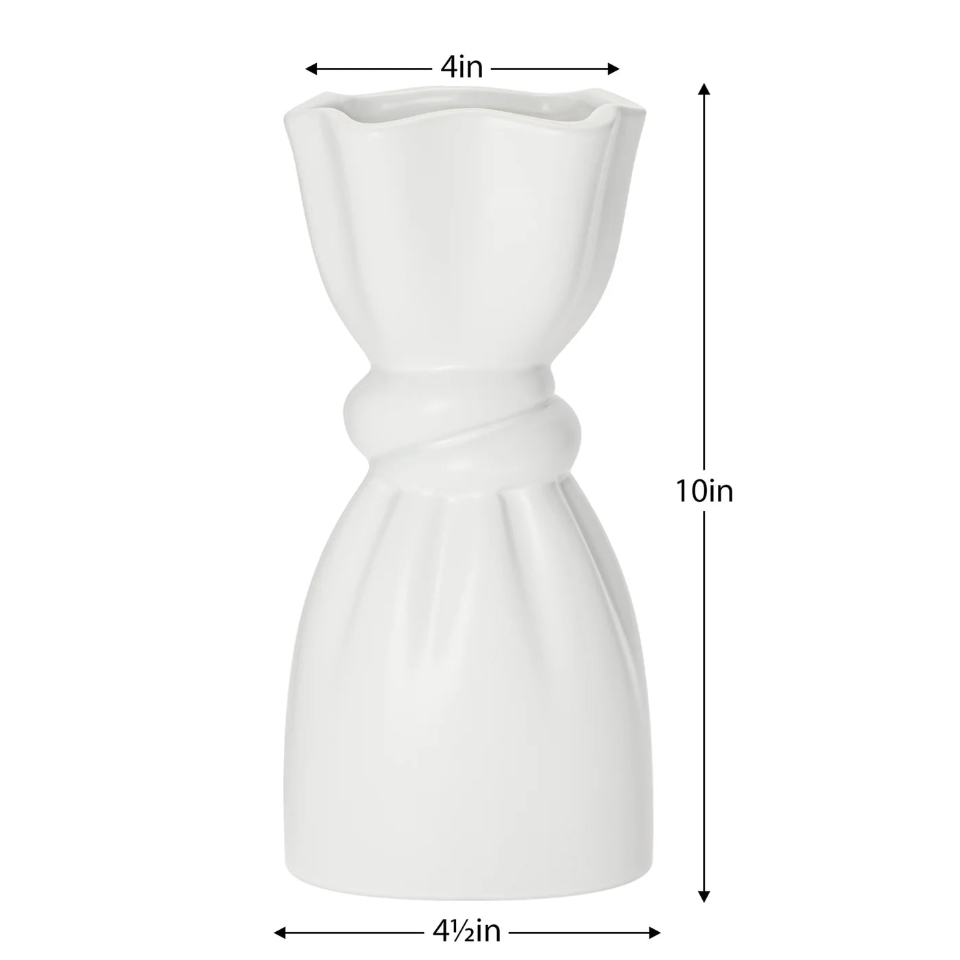 White ceramic vase with a delicate cinch midway that creates a graceful twist with dimensions of 10 inches tall, 4.5 inches in diameter at the base and 4 inches in diameter at the opening.