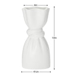 White ceramic vase with a delicate cinch midway that creates a graceful twist with dimensions of 10 inches tall, 4.5 inches in diameter at the base and 4 inches in diameter at the opening.