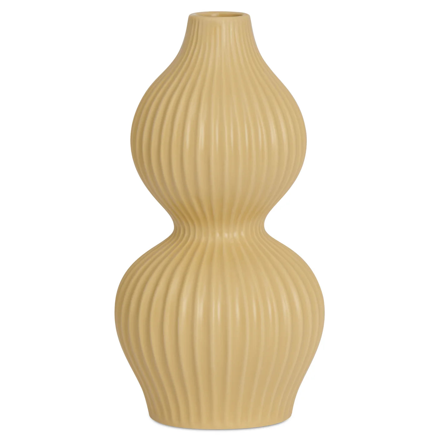 Yellow double gourd shaped tall bud vase with ribbed texture.