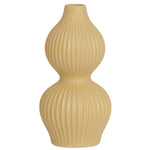 Yellow double gourd shaped tall bud vase with ribbed texture.