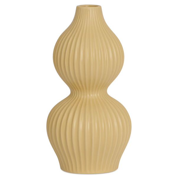 Yellow double gourd shaped tall bud vase with ribbed texture.
