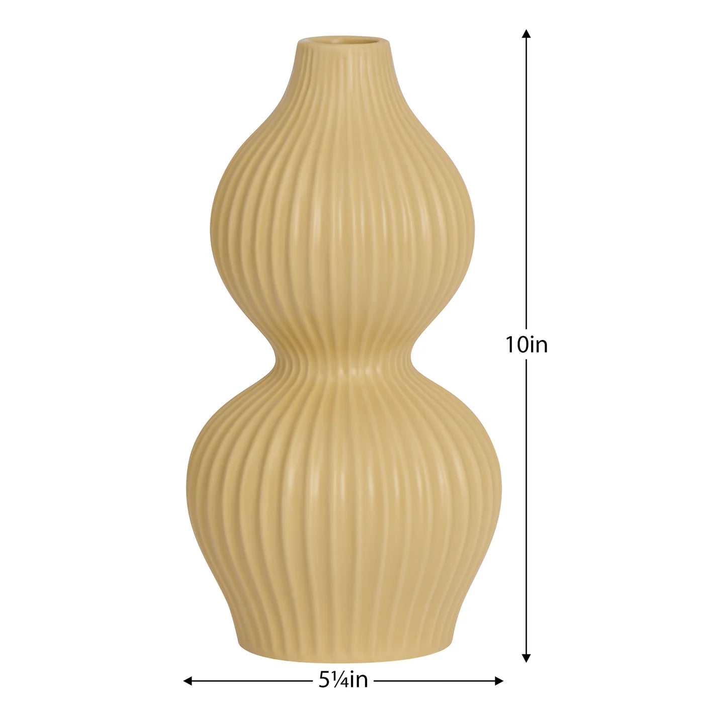 Yellow double gourd shaped tall bud vase with ribbed texture with dimensions of 10 inches tall and 5.25" diameter at the base.