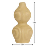 Yellow double gourd shaped tall bud vase with ribbed texture with dimensions of 10 inches tall and 5.25" diameter at the base.