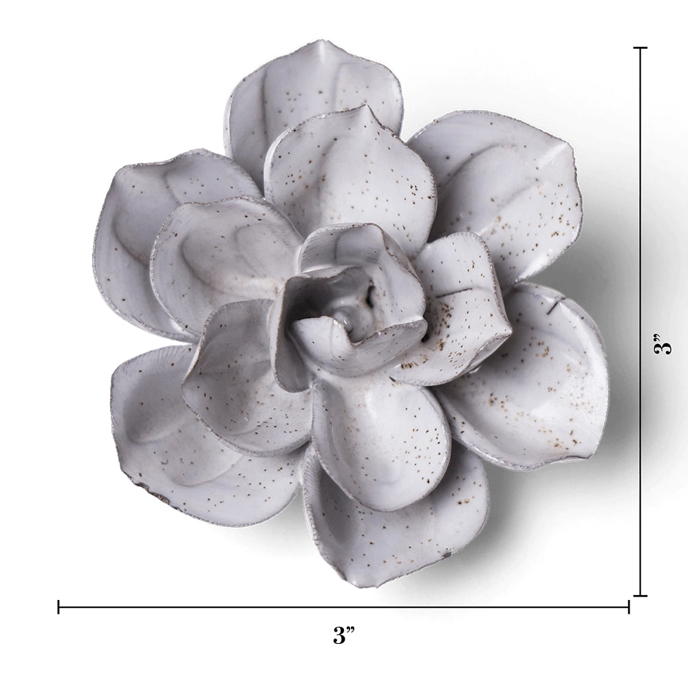 A large sculptural flower wall decor piece in a light gray glaze with brown speckles, shown on a white background with dimension lines indicating a height and width of 3 inches.