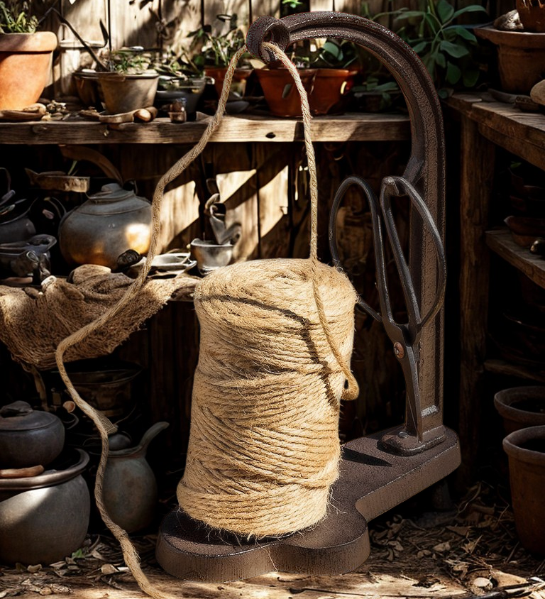 Spool of twine in a iron holder with scissors on a wooden surface with pots and tools in the background