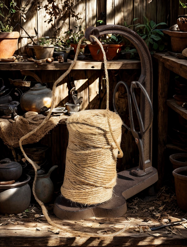 Spool of twine in a iron holder with scissors on a wooden surface with pots and tools in the background