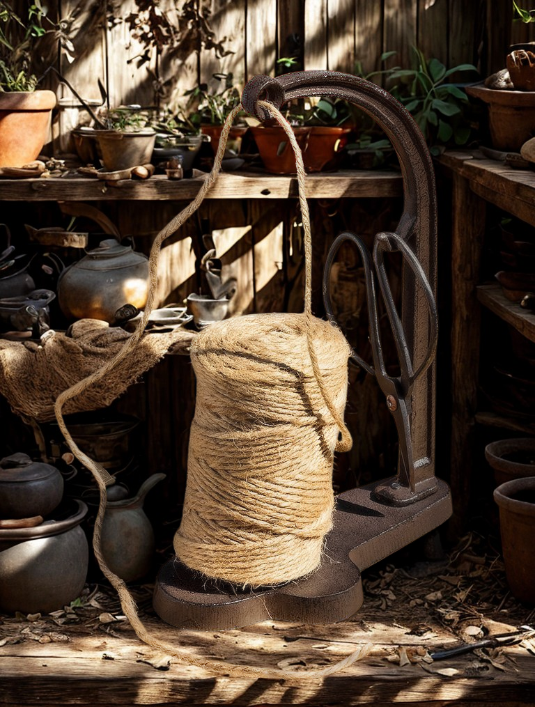 Spool of twine in a iron holder with scissors on a wooden surface with pots and tools in the background