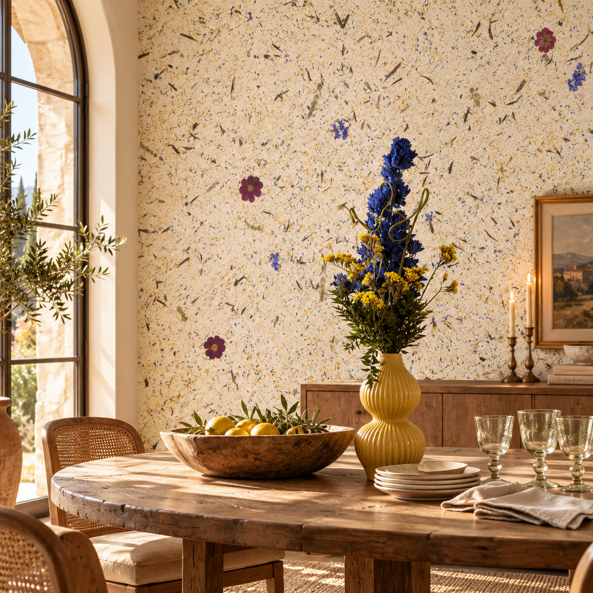 A beautifully styled dining room featuring the Carpe Diem wall covering with a delicate dried floral arrangement. The scene includes a rustic wooden dining table set with glassware, a yellow ceramic vase filled with blue and yellow flowers, a wooden bowl of lemons, and a warm, sunlit background with a stone archway and a framed landscape painting.