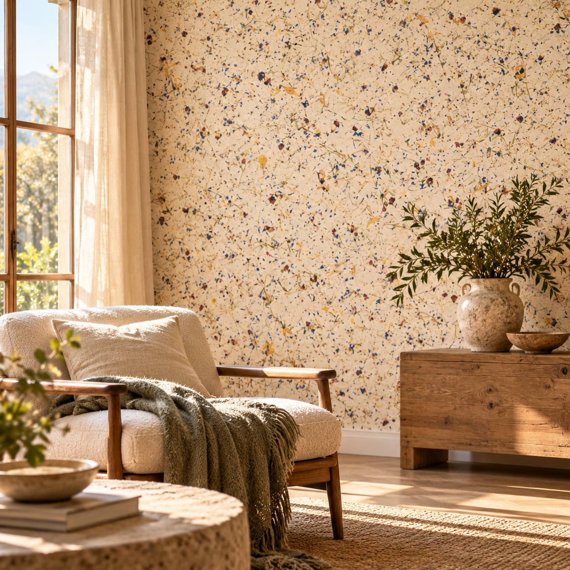 A styled living room corner featuring the Alpine Meadow Light wall covering, a beige armchair with a green throw blanket, a rustic wooden sideboard with a ceramic vase of greenery, and warm natural light from a window.