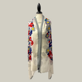 Floral patterned cardigan on a mannequin against a light blue background