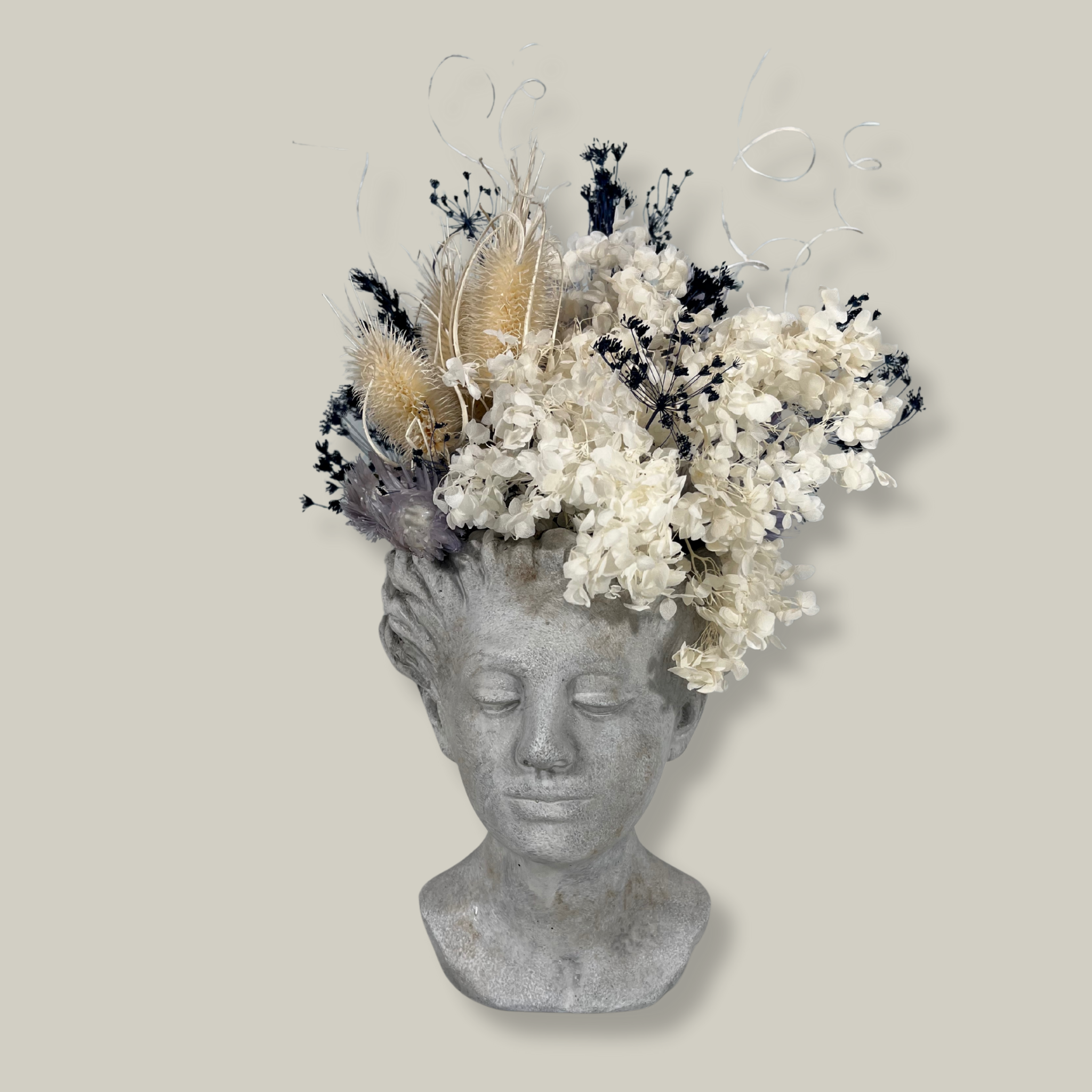 This concrete vessel, beautifully sculpted as a woman's serene face, her hair appears to be caught in a soft breeze, with a dried floral arrangement made up navy bupleurum , white curly ting ting, delicate light blue cape flowers, a cluster of three bleached teasels adorns the front left side of her face, and a pure white hydrangea on the right. 