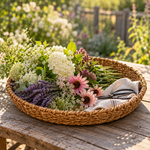 Large round seagrass tray filled with flowers sitting on a worn wooden table in the garden.  4