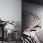 Two images: one of a dining table with a hat and plant, the other of a bed with pillows and blankets.
