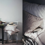 Two images: one of a dining table with a hat and plant, the other of a bed with pillows and blankets.