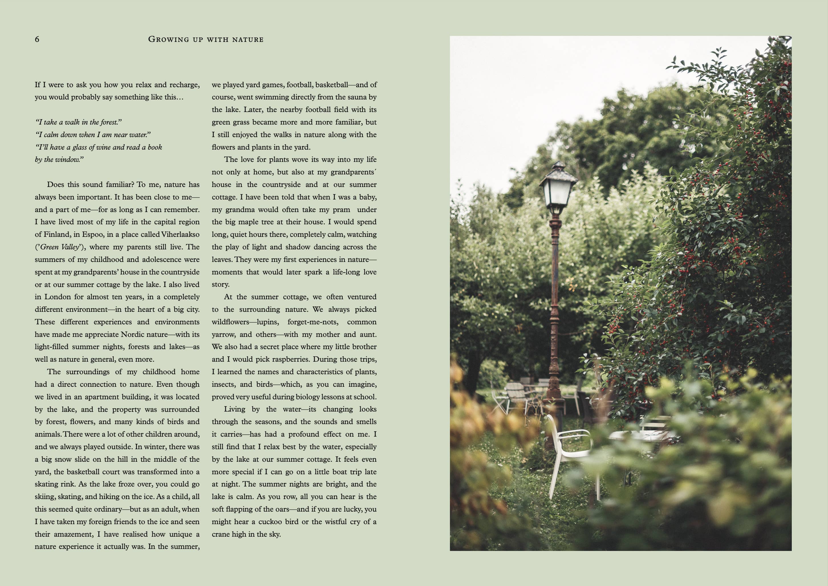 Book page with text on the left and a blurred outdoor scene on the right