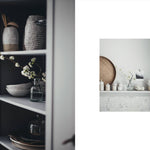 Cabinet with decorative items and a small inset photo of a similar setup.