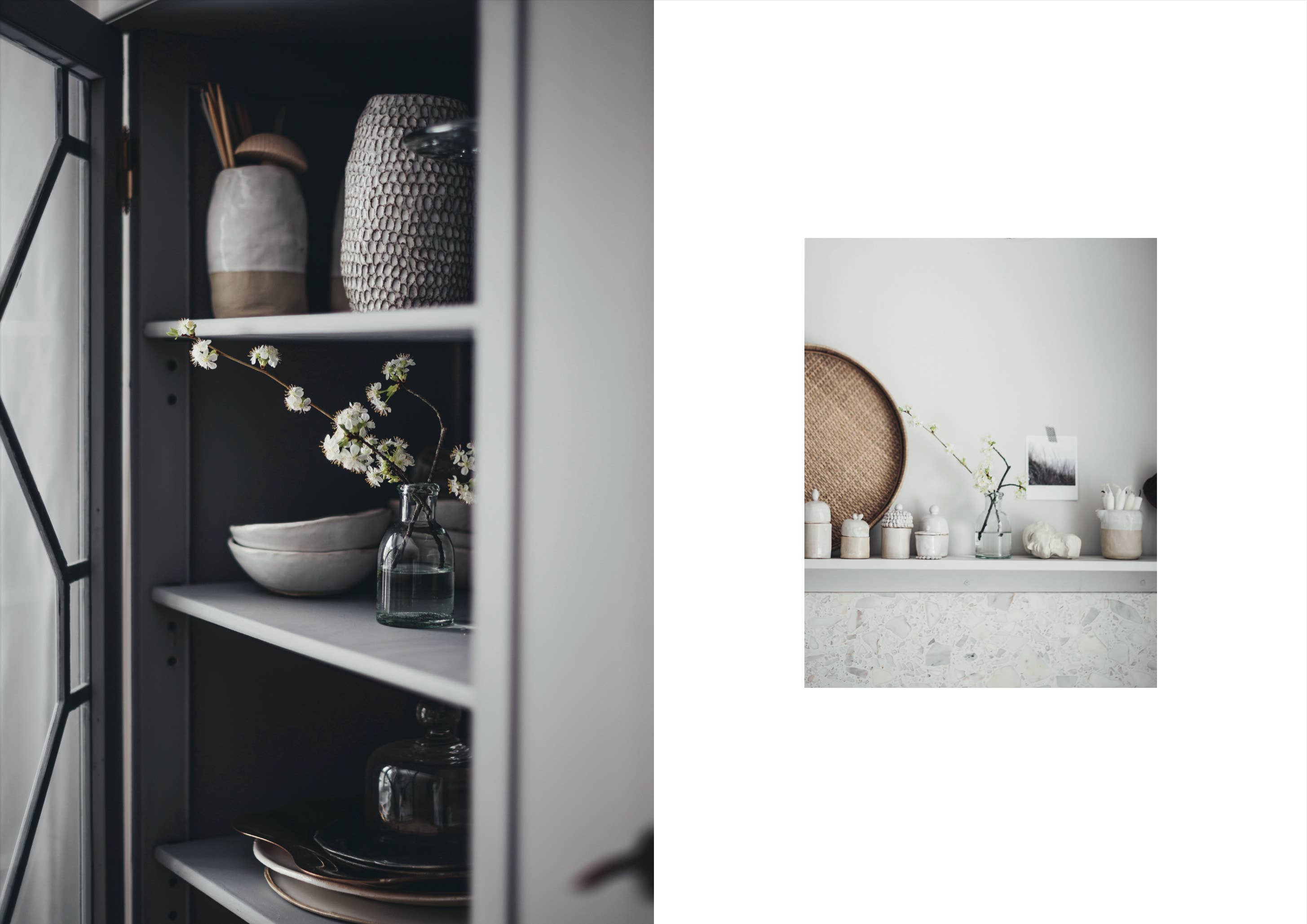 Cabinet with decorative items and a small inset photo of a similar setup.