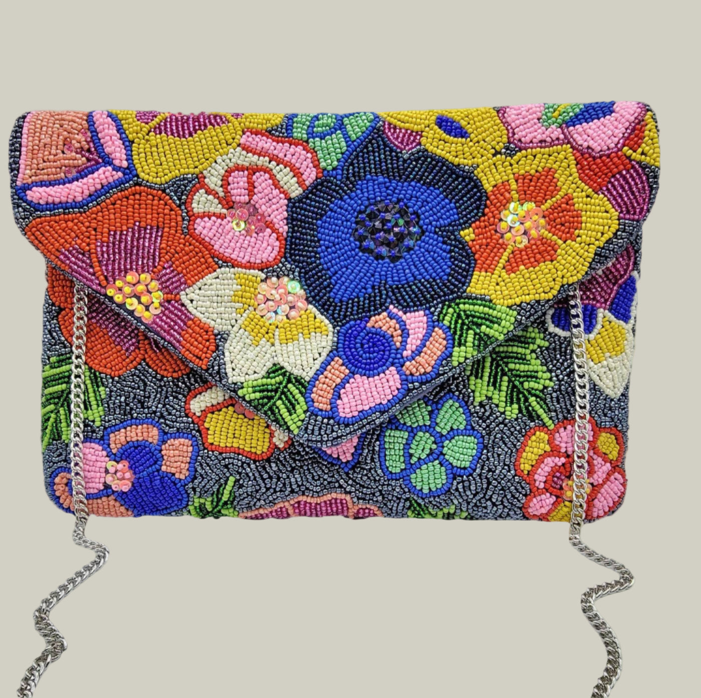 Colorful beaded handbag with floral design