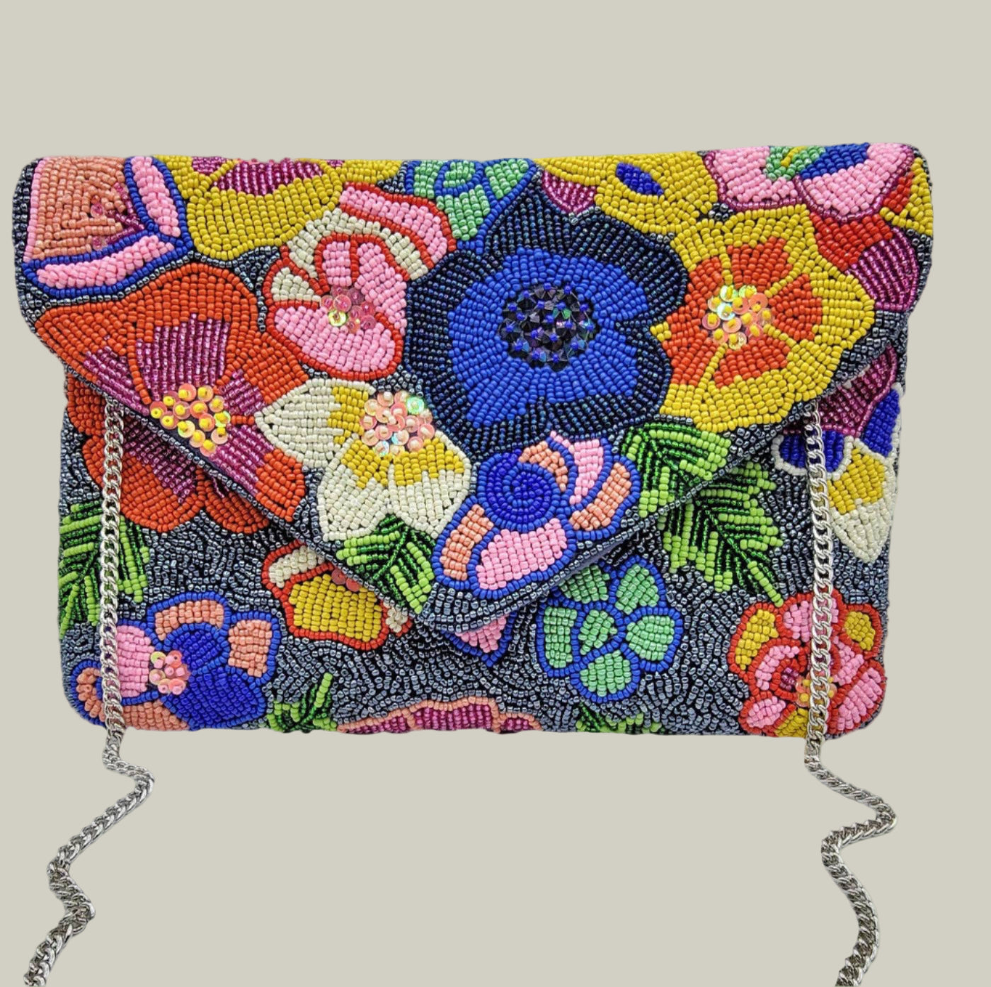 Colorful beaded handbag with floral design