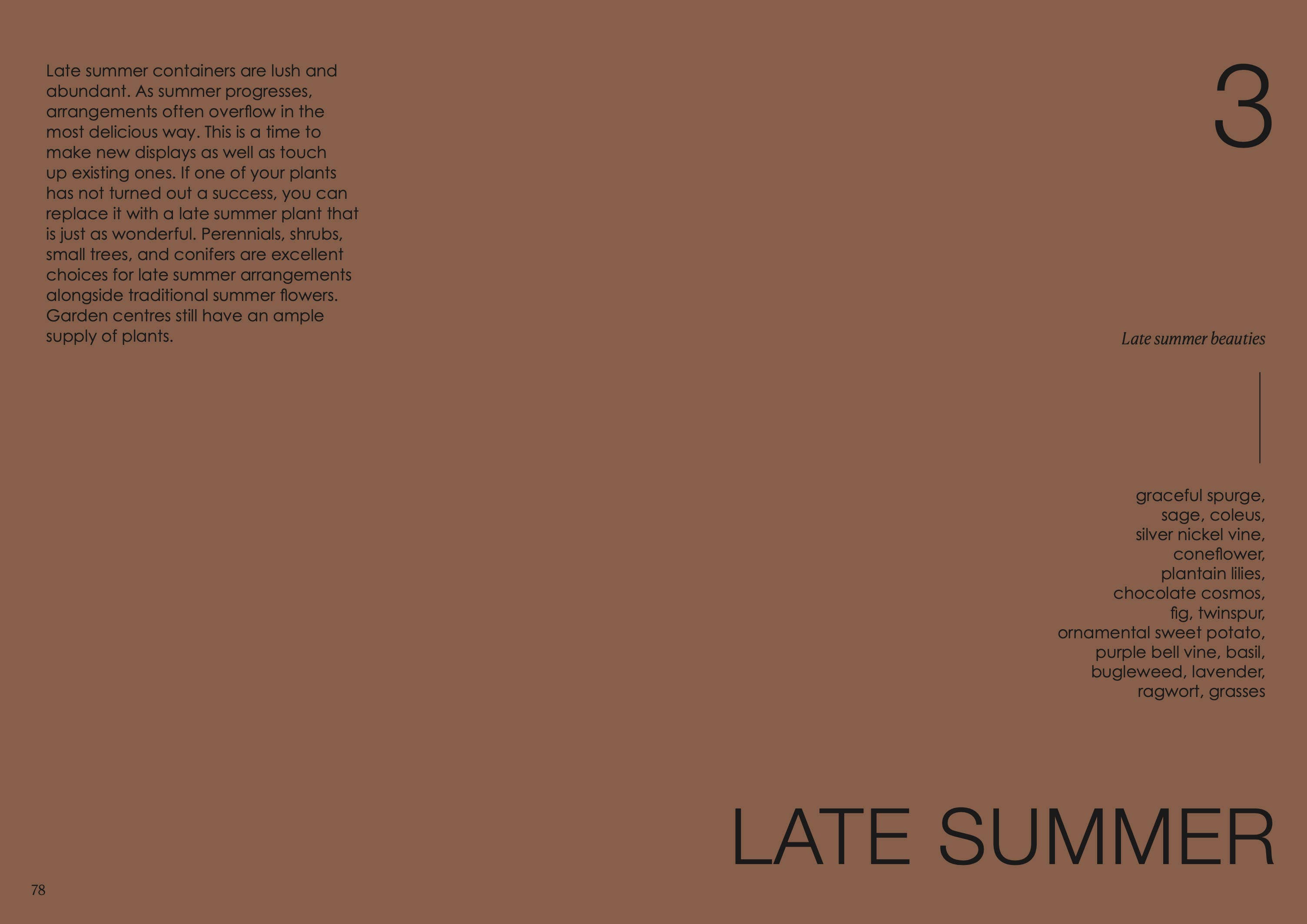 Brown background with text about late summer gardening