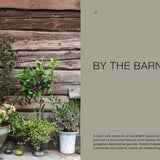 Potted plants against a wooden barn wall with text 'By the Barn'.