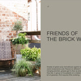 Outdoor patio with brick wall, wooden chair, and potted plants.