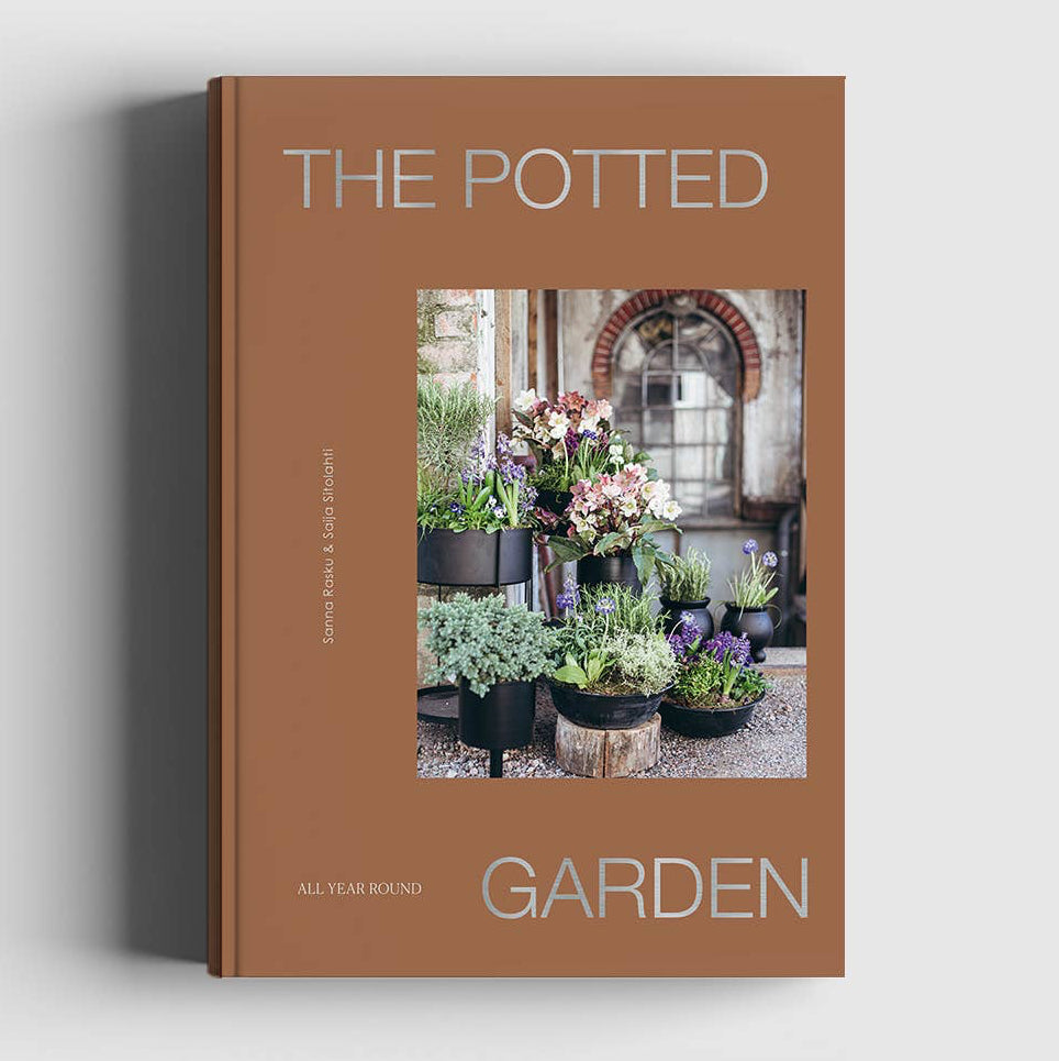 Book titled 'The Potted Garden' with a cover photo of potted plants on a light gray background