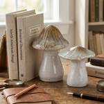 Two ceramic mushroom sculptures on a wooden surface with books and a magnifying glass.