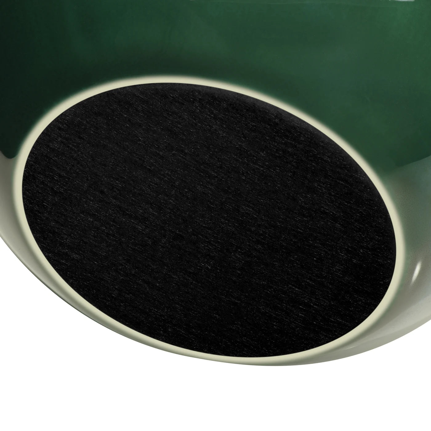 Close-up of the bottom of a deep glossy green vase showing the soft black foam padding to prevent surface scratches on a white background.