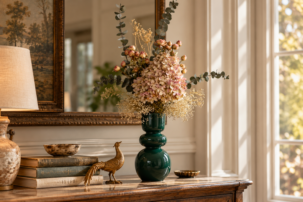 A dark green ceramic vase filled with a dried floral arrangement of pink flowers and green eucalyptus stems, styled on a wooden console table in a sunlit room.