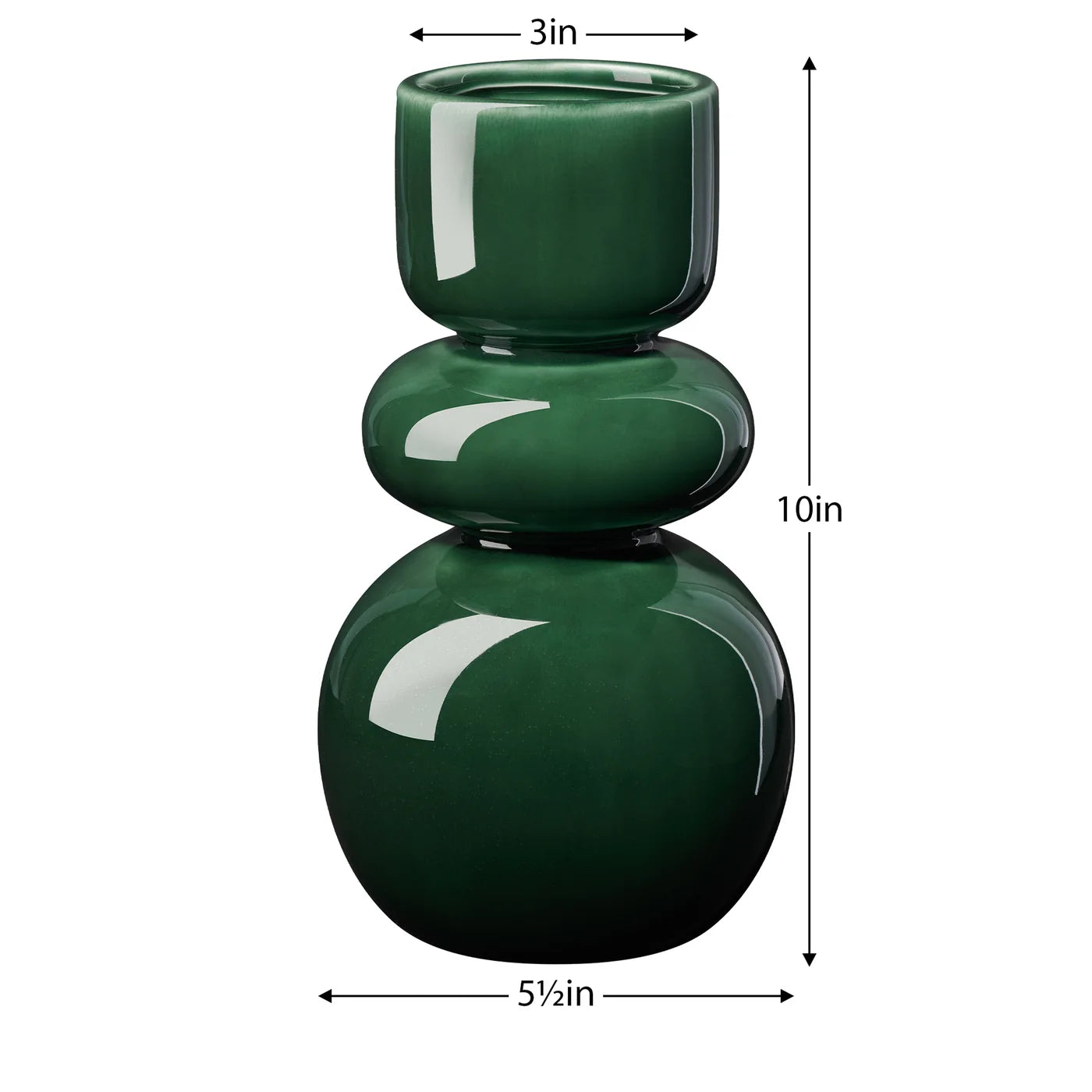 Deep glossy green vase with sleek bulb shape on a white background with dimensions of 10 inches tall, 5.5 inches in diameter at the bottom, and an opening of 3 inches in diameter. 