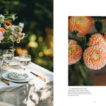 Table setting with floral arrangement and close-up of flowers