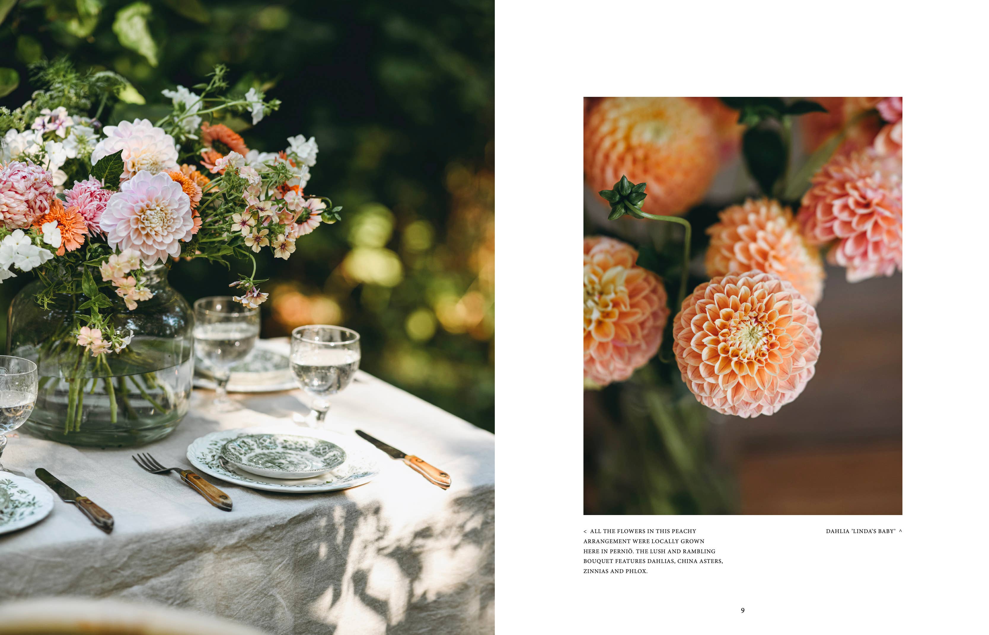 Table setting with floral arrangement and close-up of flowers